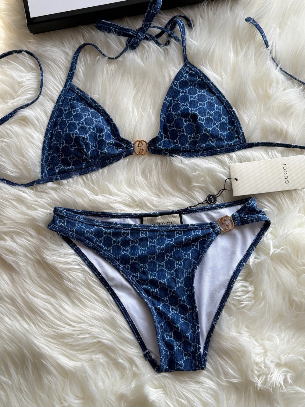 Navy Blue GG Logo Triangle Bikini Set